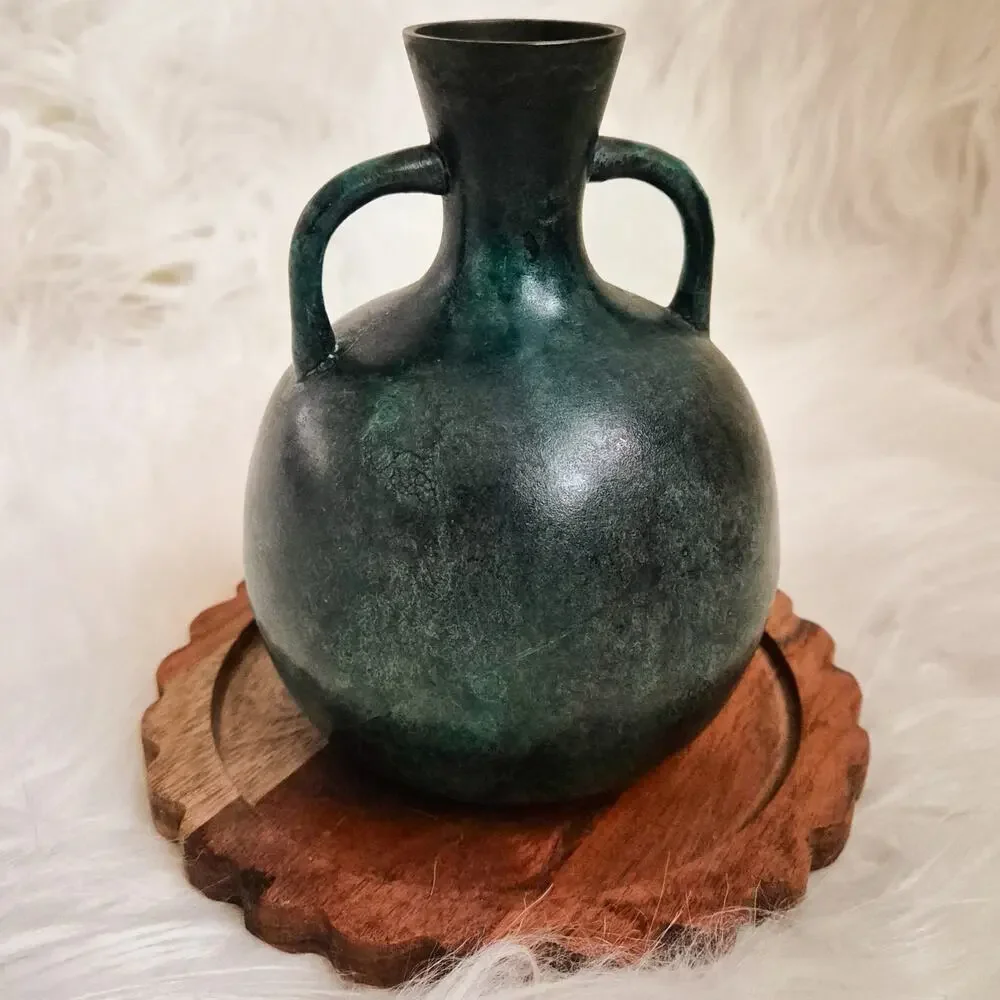 Antique Japanese Meiji Bronze Twin Handle Vase Green Patina
